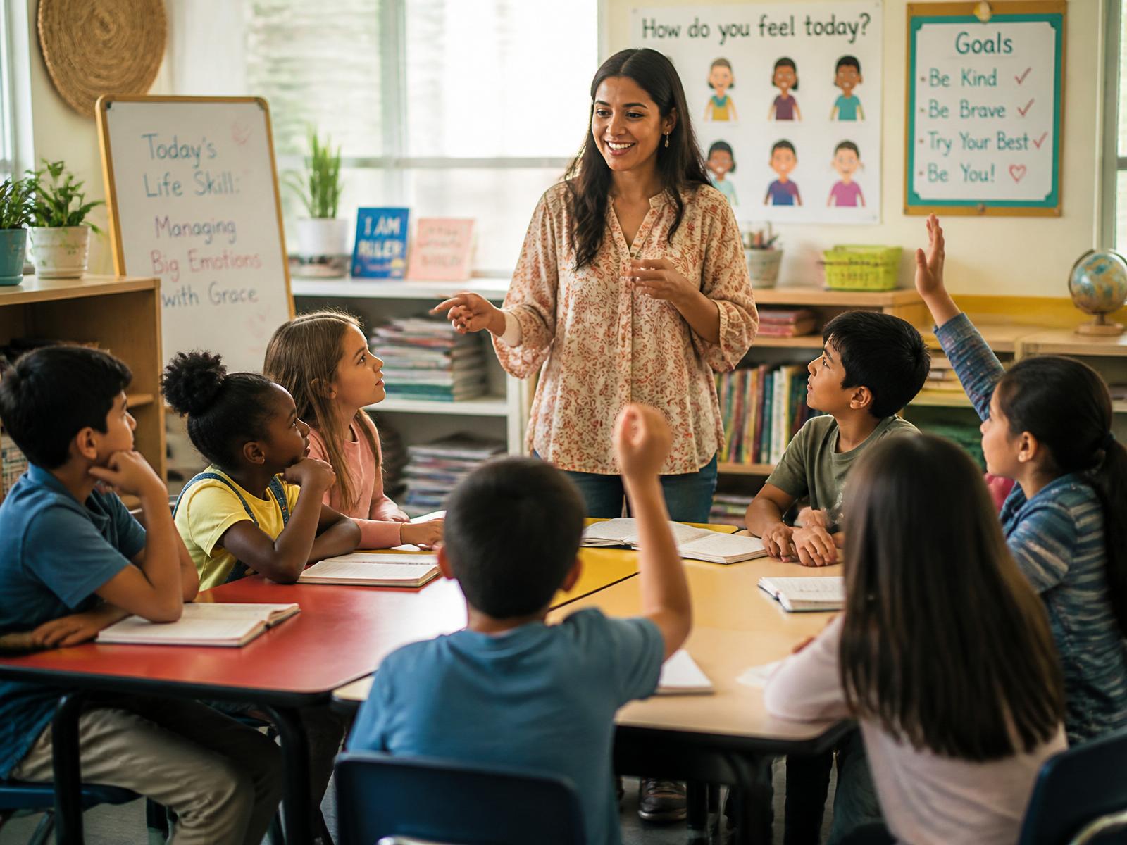 A teacher leading a diverse group of boys and girls ages 6 to 12 through a life-skills lesson in a bright classroom